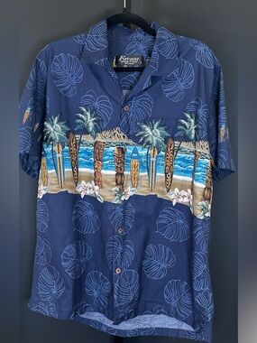 #162- Favant‎ Men’s Navy Hawaiian Surf-Print Button Down Shirt